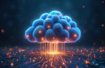 Conceptual AI illustration cloud computing network as brain connection data. Digital cloud with glowing lights, processing, representing cloud-based services, data storage. Modern tech concept for