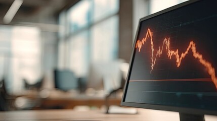 Red downward financial graph on laptop screen in modern office environment, concept of market crash, investment risk, stock decline, and economic volatility