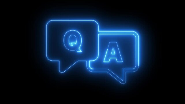 Blue neon QA speech bubbles on dark background for QnA session design, digital communication