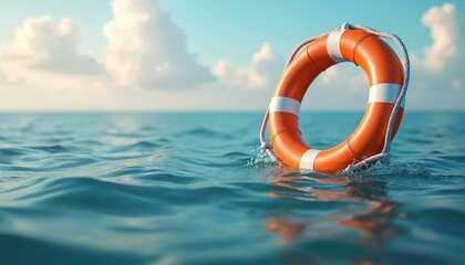 Orange lifebuoy floats open sea. Safety, hope symbol under vast sky. Life preserver, lifeline aid, support, rescue concept, ocean, nautical, marine, emergency. Coastal navigation and lifesaving.