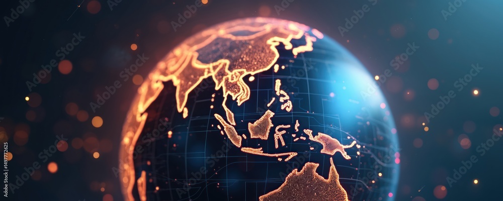 Poster glowing digital globe shows global connectivity. planet earth connected by data streams. digital tra
