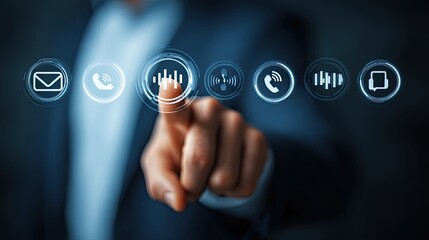 Businessman activating digital voice assistant interface with fingertip, representing smart AI technology, virtual help, and voice command system in corporate environment