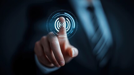 Businessman activating digital voice assistant interface with fingertip, representing smart AI technology, virtual help, and voice command system in corporate environment