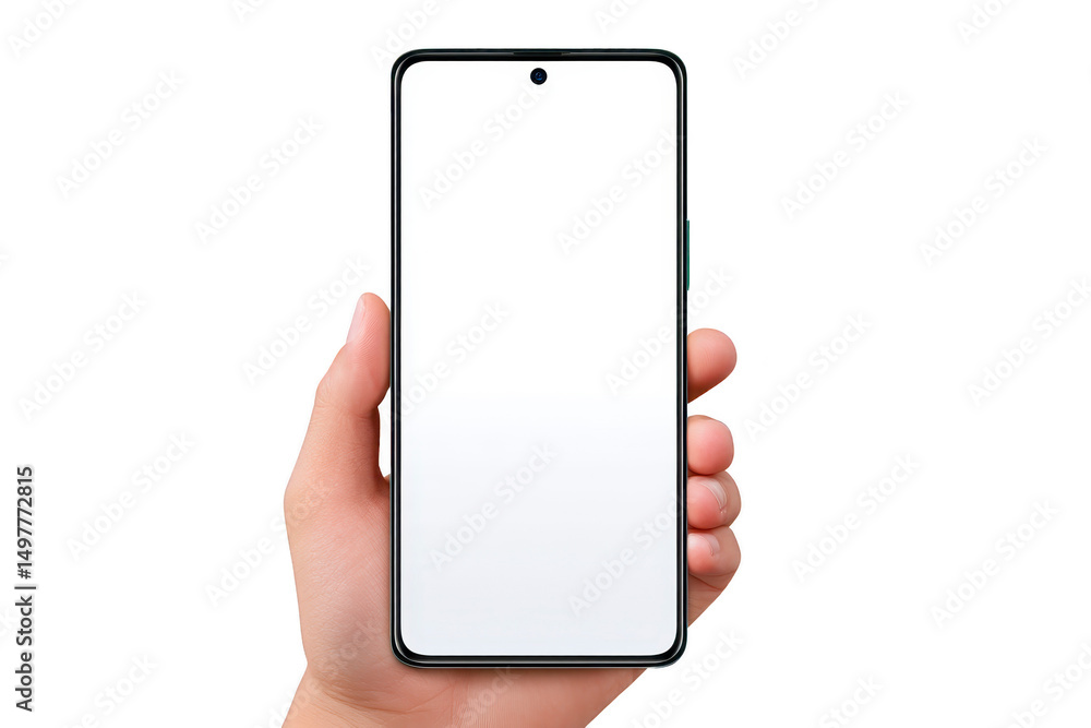 Poster a hand holding modern smartphone with blank screen, ready for customization or app display. phone ha