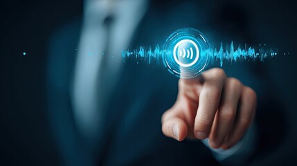 Businessman activating digital voice assistant interface with fingertip, representing smart AI technology, virtual help, and voice command system in corporate environment