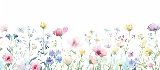 A watercolor illustration of a wildflower border on a white background, with pastel colors, creating a cute and dreamy effect