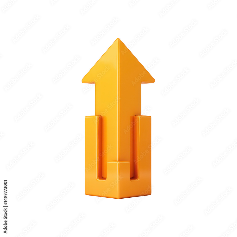 Poster a 3d orange arrow pointing upwards symbolizes growth and progress, featuring glossy finish and moder