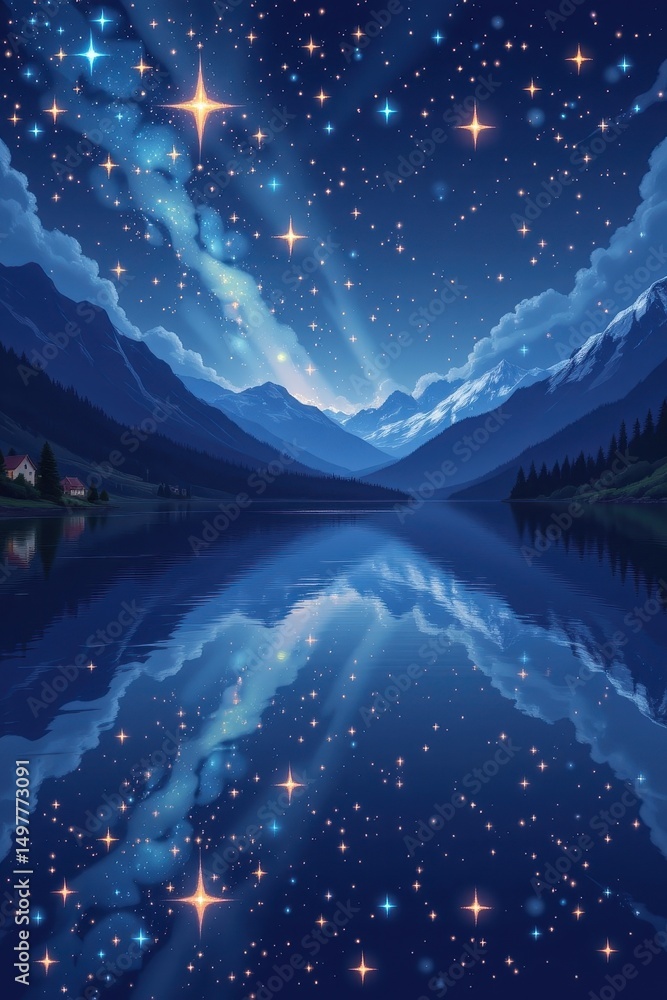 Poster a pixel art scene showing a starry lake with reflections and tiny shimmering lights in a nostalgic v