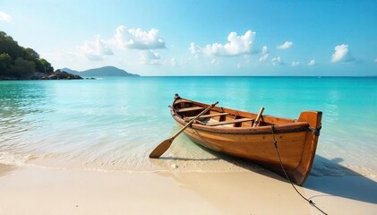 A small wooden rowboat gently rests on a tranquil, sandy beach at low tide, surrounded by calm water and peaceful scenery , beach, shore, day