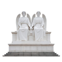 A two majestic angel statues sit side by side on stone pedestal, exuding serene and timeless presence. their detailed wings and flowing robes add to ethereal atmosphere