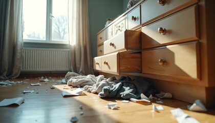 Bedroom scene after break-in. Drawers pulled out clothes scattered on floor. Papers, broken items create chaos. Sunlight, shadows enhance mood. Burglary crime scene, home invasion, property damage.