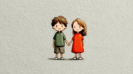 Cute crayon style drawing of a happy boy and girl holding hands, standing together and smiling with love and friendship on textured background.