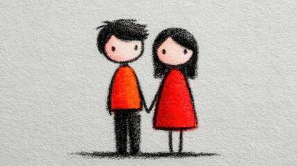 Cute crayon style drawing of a happy boy and girl holding hands, standing together and smiling with love and friendship on textured background.