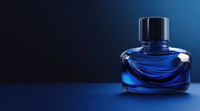 Elegant blue perfume bottle with dark cap on a dark blue background.