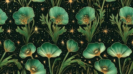 Seamless hand-drawn floral pattern with elegant green poppy flowers and golden line details on dark background, perfect for botanical textile and decorative design.