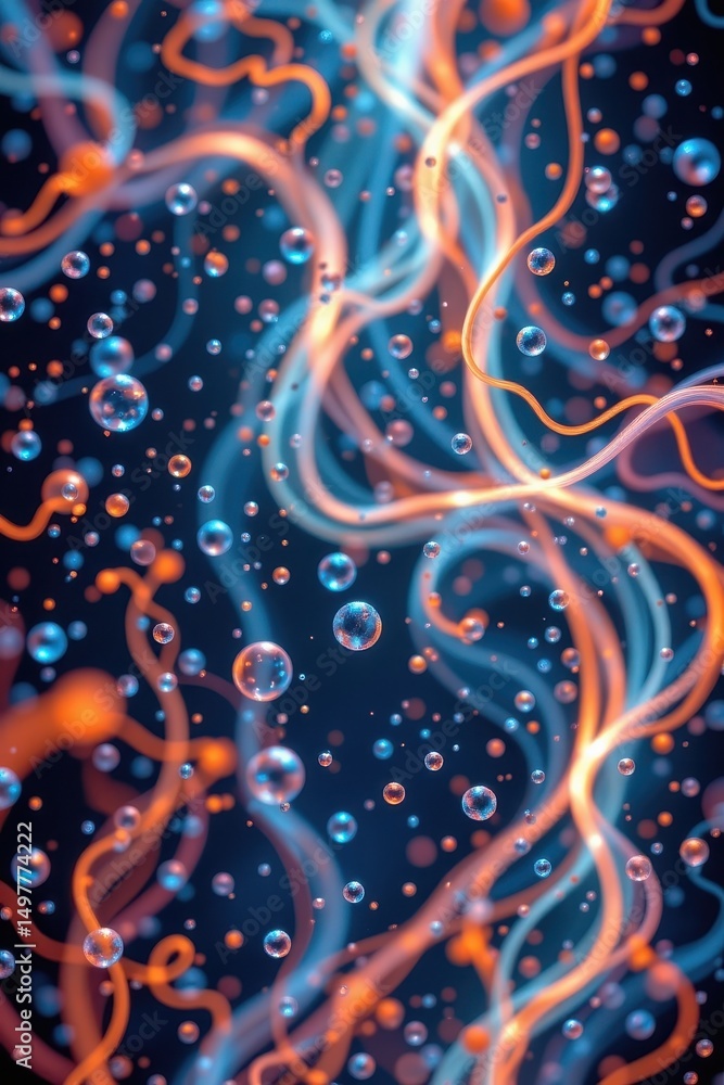 Poster a glowing, bio luminescent scene with floating particles and spiraling lines in a deep sea color pal