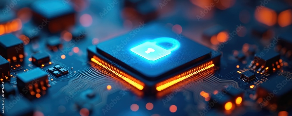 Poster close-up of digital processor with lock icon, chip security concept. electronic key authentication, 