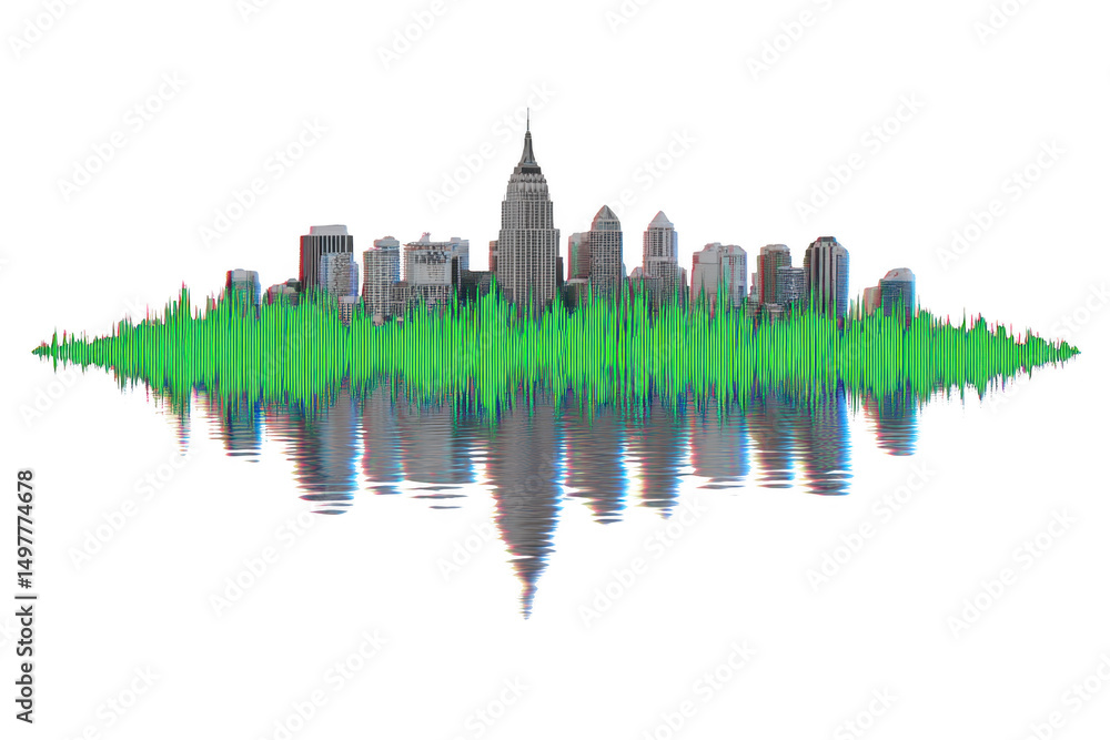 Poster a city skyline is creatively transformed into soundwave, blending urban architecture with audio visu