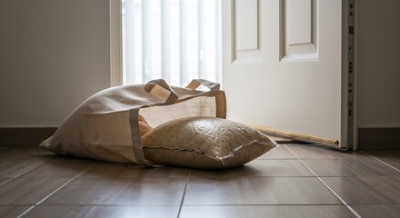 Bag of rice spilled on tiled floor near open door  