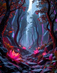 Fototapeta premium futuristic digital rendering of a sci fi forest with bioluminescent plants and sleek metallic trees