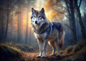 Obraz premium Majestic Gray Wolf in Autumn Forest A Stunning Wildlife Photograph