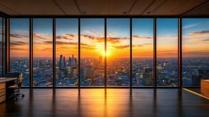 Fototapeta premium Office interior overlooking a city skyline at sunset, modern architecture.
