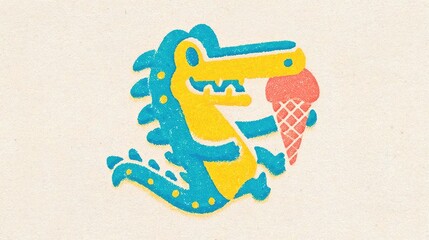 Playful cartoon alligator holding an ice cream cone – colorful textured illustration in retro print style