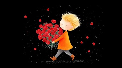 Whimsical blonde boy running with giant bouquet of red roses on black background, romantic childhood illustration symbolizing love, gift, and joy with fairytale charm