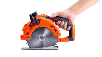 Naklejka premium Handheld Circular Saw with Sharp Blade for Cutting Wood and Other Materials in Hand of Skilled Worker