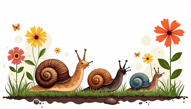 Colorful snails and slugs crawling in garden flowers, nature's beauty