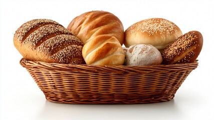 Assorted Bread Loaves in Basket on White Background for Adobestock