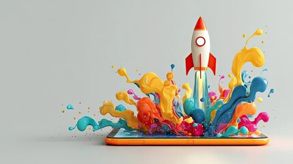 Creative 3D rocket blasting out from smartphone with colorful ink explosion, representing mobile startup, innovation and digital breakthrough concept
