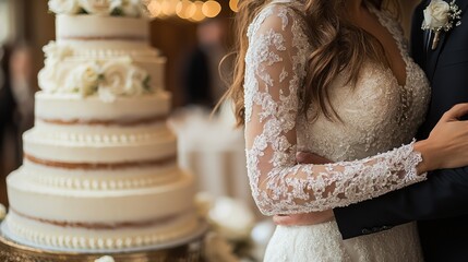 Bride, groom, wedding cake, reception, embrace, love, celebration, romantic, indoor, blurred background
