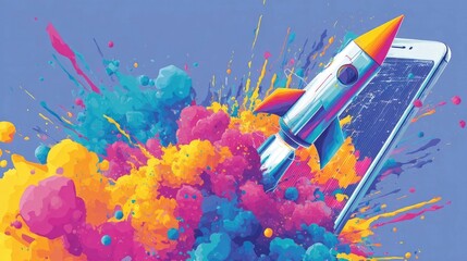 Vibrant rocket launching from smartphone with colorful paint splash explosion, symbolizing creativity, mobile innovation, and startup breakthrough