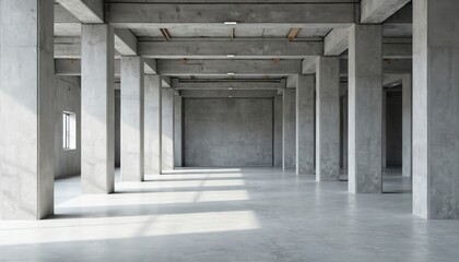 Fototapeta premium Empty modern industrial loft space with concrete pillars. Architecture interior design, minimalist urban structure, building, warehouse, column, floor, wall, room. Perspective, geometric, large,