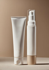 Minimalist blank white cosmetic tubes with gold bands set on neutral background