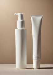 Minimalist blank white cosmetic tubes with gold bands set on neutral background