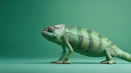Realistic green chameleon standing on plain green background, showcasing vivid skin texture and natural camouflage pattern in a minimal studio setup