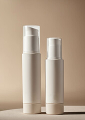 Minimalist blank white cosmetic tubes with gold bands set on neutral background