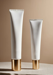 Minimalist blank white cosmetic tubes with gold bands set on neutral background