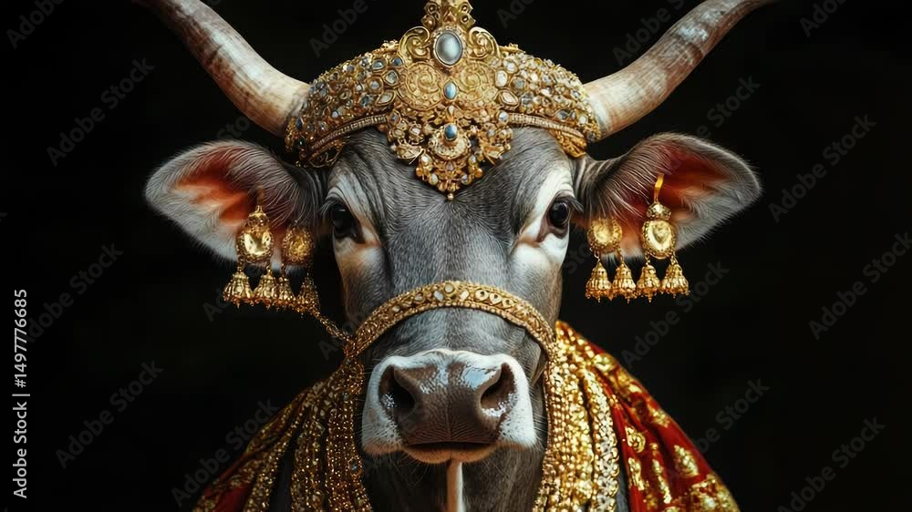 Poster A close-up view of a cow wearing a crown, emphasizing the unique and playful nature of this bovine