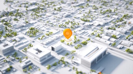 Modern 3D smart city map with orange location pin marker on urban planning layout, concept of navigation, GPS positioning, and geolocation services in digital infrastructure