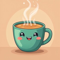 Whimsical cartoon illustration smiling coffee cup. Steaming hot drink with cute smiling face, inviting mood. Perfect for cafes, morning routine, breakfast, advertising, product design, digital