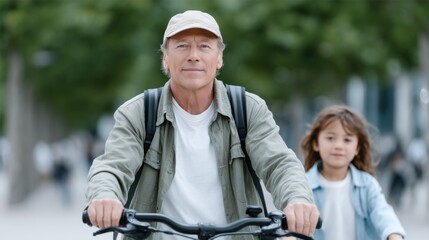 Naklejka premium Elderly Man Cycling with Young Girl Outdoors
