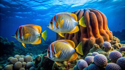 Strikingly Vibrant Reef Fish Gracefully Swimming Near a Coral Formation in a Pristine Ocean