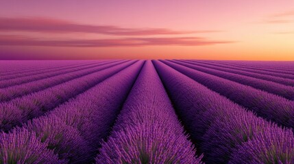 Fototapeta premium Vibrant lavender field under a dramatic sunset with purple and orange hues.
