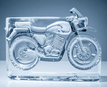 Frozen Motorcycle Ice Sculpture Detailed Closeup of a Classic Bike encased in Ice