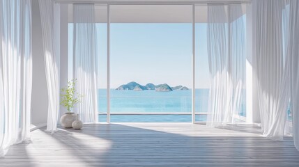 Minimalist luxury interior with panoramic ocean view and tropical islands through large glass window, modern coastal architecture and serene lifestyle concept.