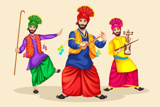 Vector illustration of a group of Punjabi Bhangra dancers with Bhangra traditional props performing folk dance