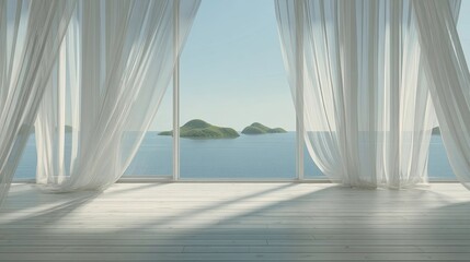 Minimalist luxury interior with panoramic ocean view and tropical islands through large glass window, modern coastal architecture and serene lifestyle concept.